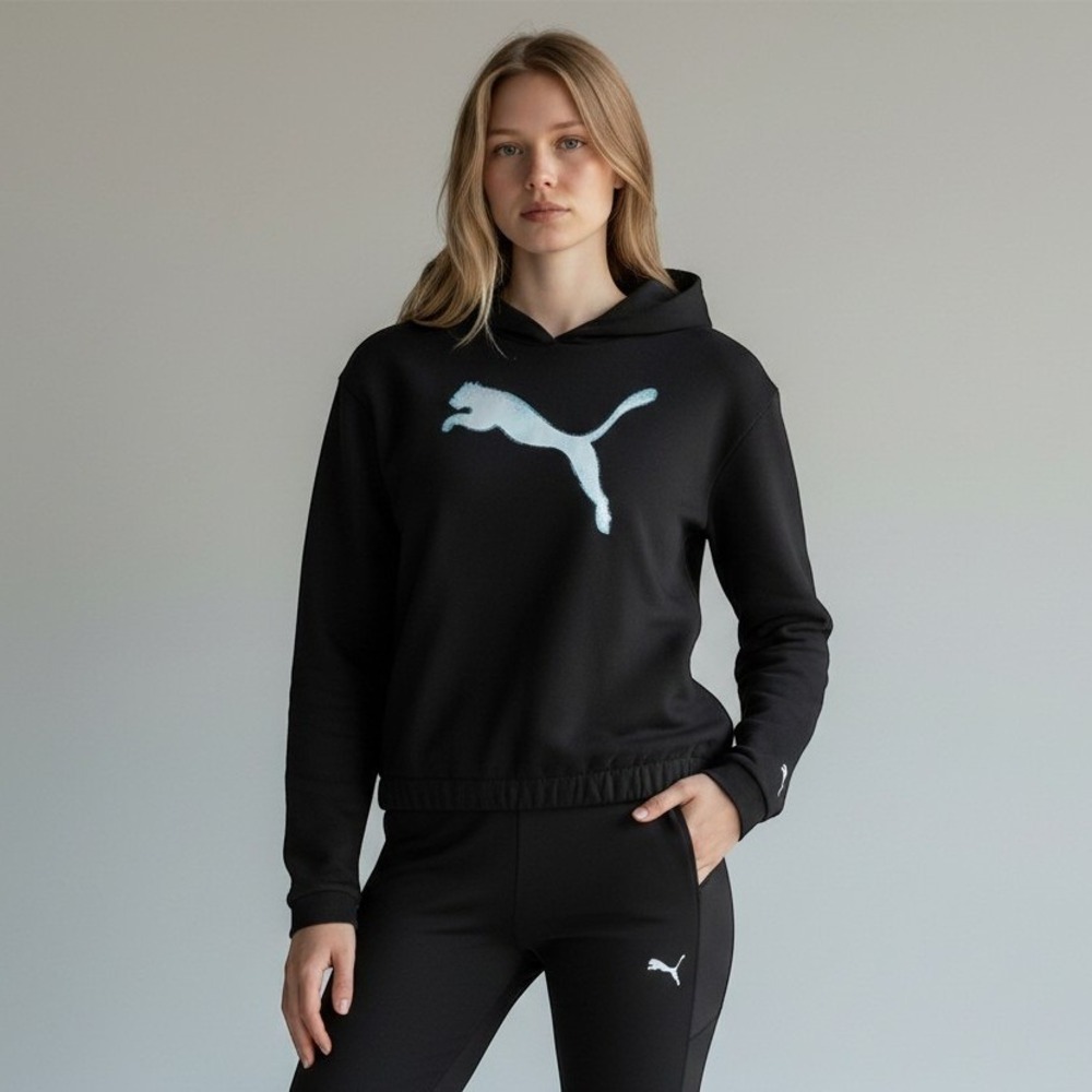 Puma Hoodie Womens Feel It Pullover Black Iridescent Logo Training Sweatshirt L